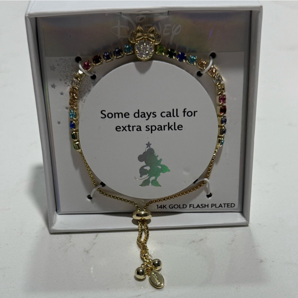 Disney Minnie Mouse Rainbow Crystal Bracelet – 14K Gold Flash Plated Adjustable